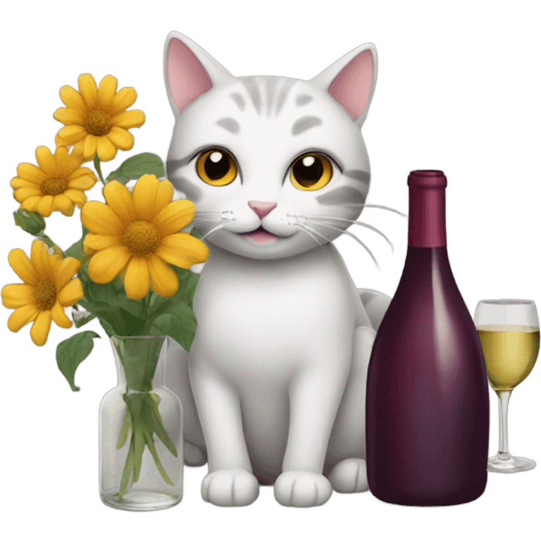 Cat with flowers and a wine bottle emoji