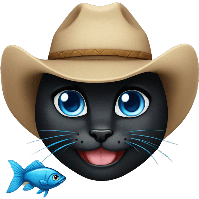 cowboy black cat smilling with fish and blue eyes emoji