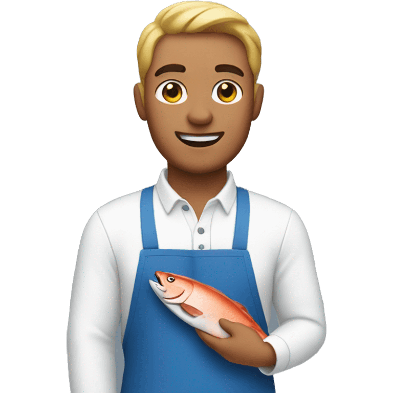 guy in a blue apron holding salmon emoji