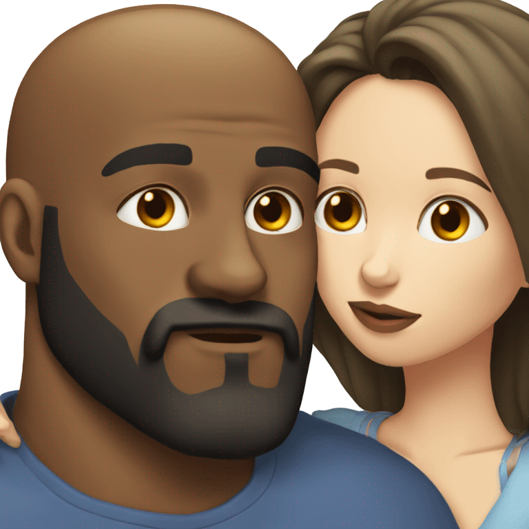 White brunette kissing muscular black bald man with beard emoji