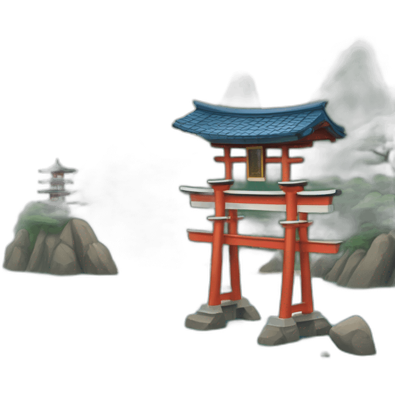 An island with a torii gate shinto shrine and small Japanese house with a blue tiled roof emoji