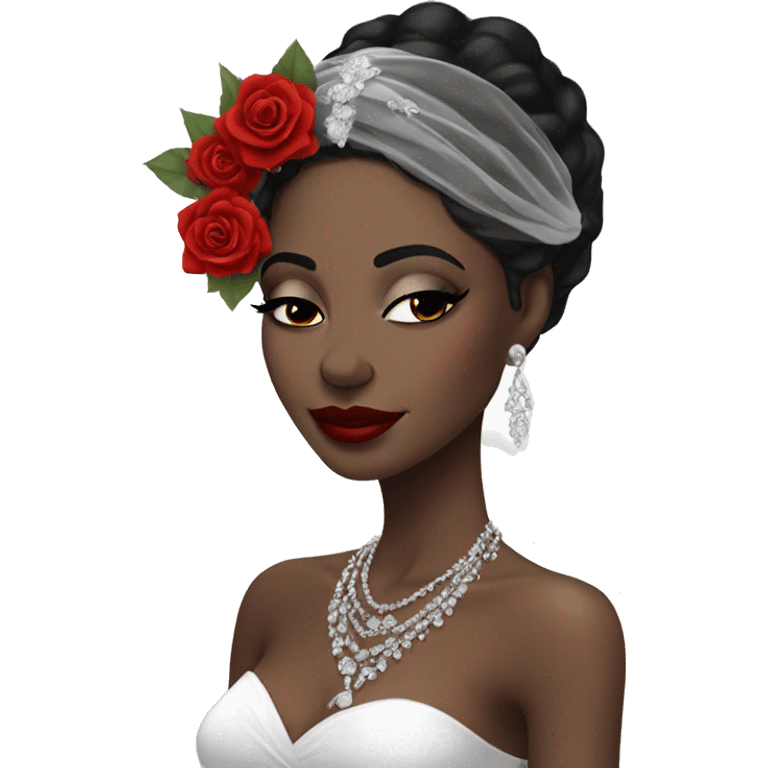 African bride. Makeup. Short black hair. Silver jewelry. Holding red roses. Eyes closed. emoji