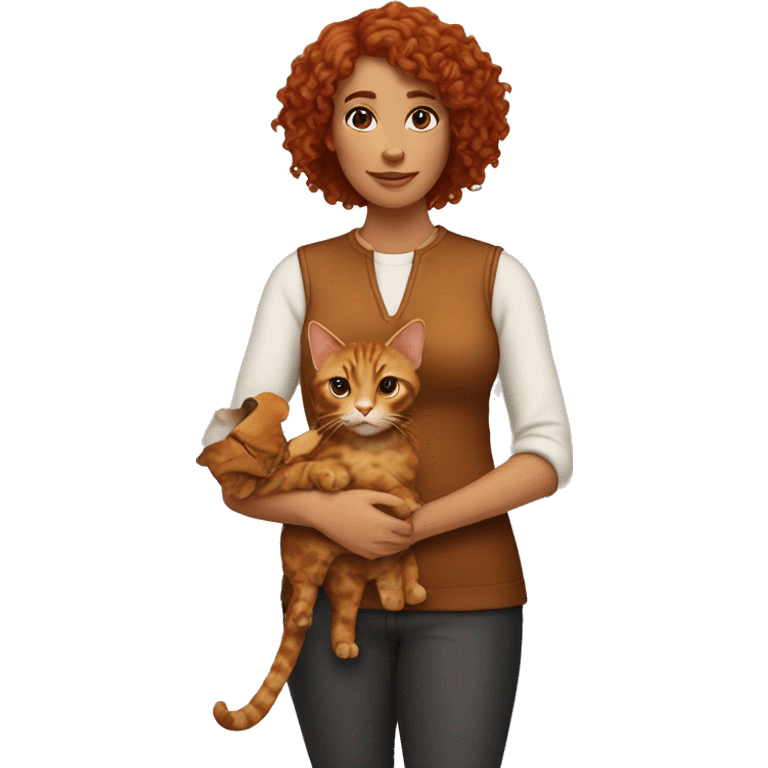 woman with curly copper hair holding a torti cat emoji