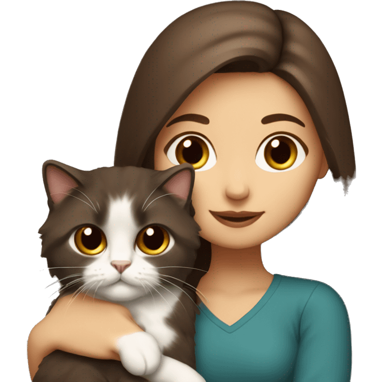 Persian girl with brown hair holding her dark brown ragdoll cat emoji