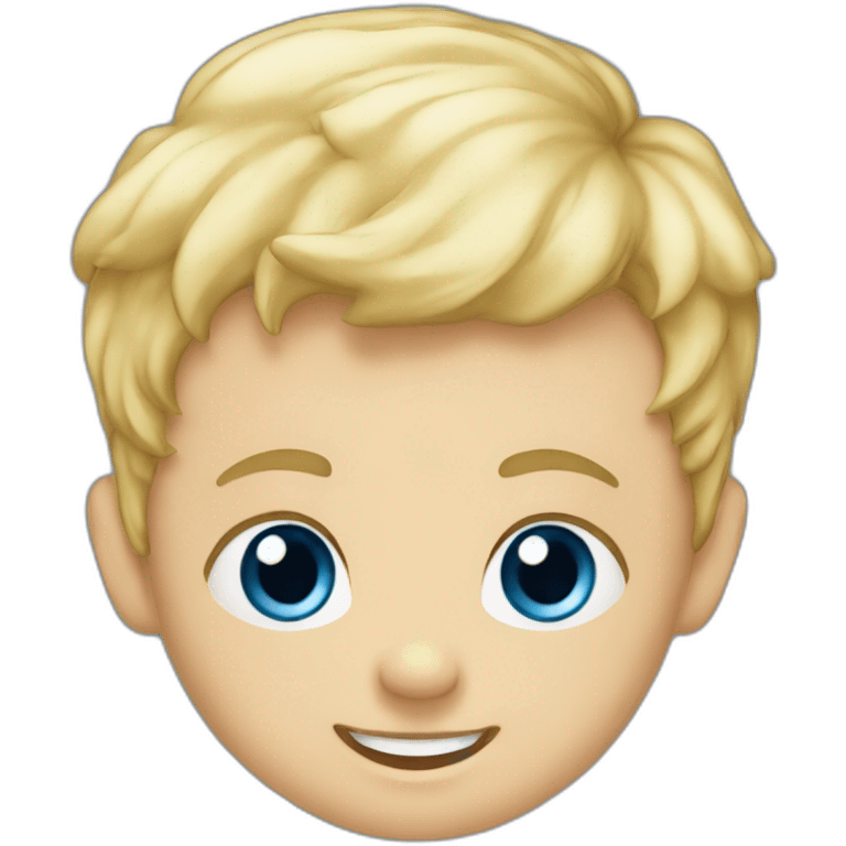 A baby boy with blonde hair, blue eyes and a blue t-shirt and with teeth emoji