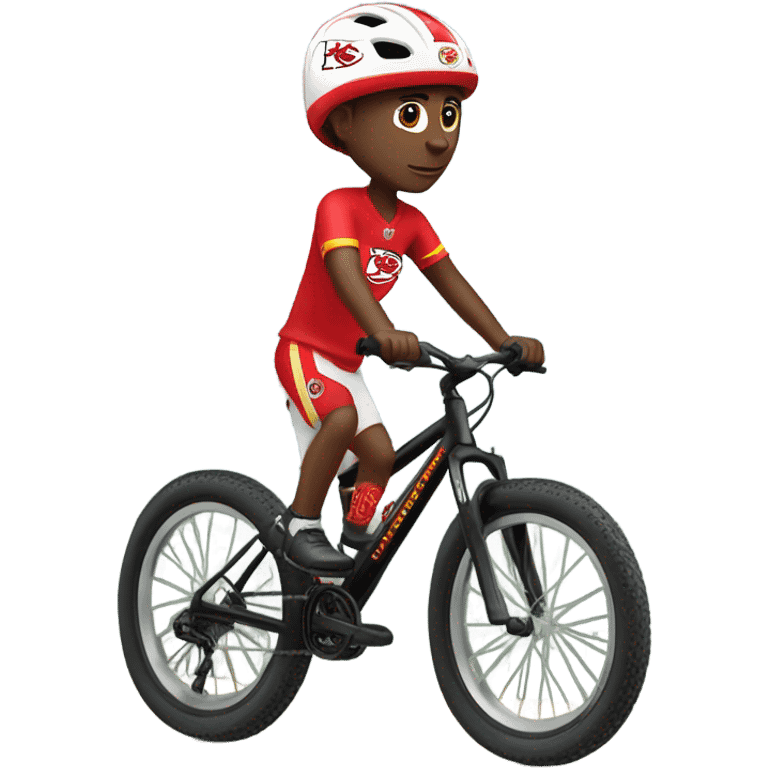 White boy in Kansas city chiefs fan gear riding black mountain bike emoji