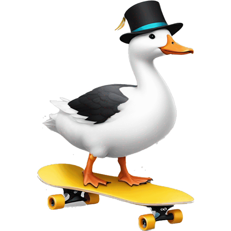 White goose wearing birthday party hat riding a black skateboard emoji