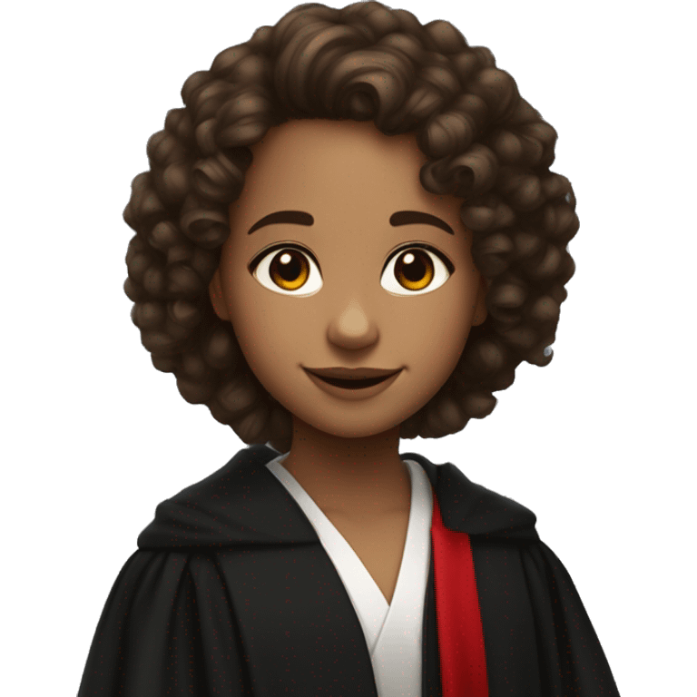 a young girl with curly brown hair, brown eyes, bigger front teeth, shes light skinned and dressed in a black robes with red tie emoji