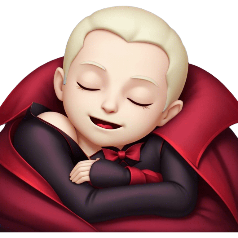 Meme-Worthy Cute Sleeping Vampire Portrait Emoji, with a refined, small, pale face softened by closed, serene eyes and a slight, peaceful smile, adorned in miniature elegant dark attire with a hint of fading crimson, simplified yet irresistibly adorable, highly detailed with a soft ethereal outline that captures the drowsy charm of a vampire in quiet nighttime slumber! emoji