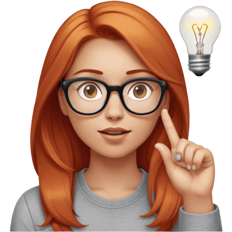 intelligent and clever, 30 year old, girl, long red-blond hair, glasses, has an idea and holds her finger in the air, light bulb over the head, casual cloth  emoji