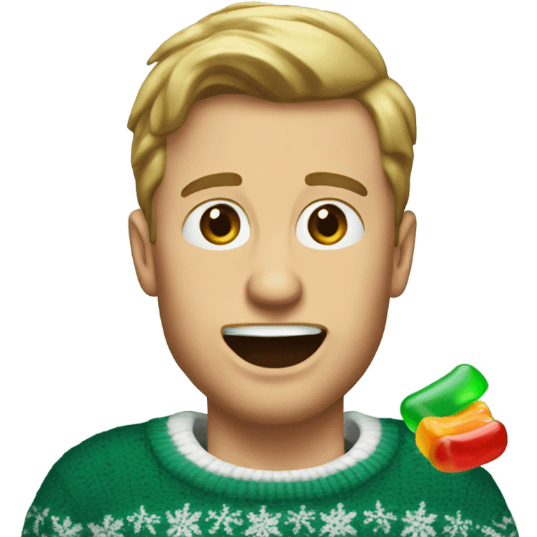 White guy in eagles Christmas sweater eating a gummy emoji