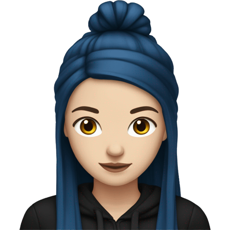 white girl with long straight dark blue hair wearing black hoodie emoji