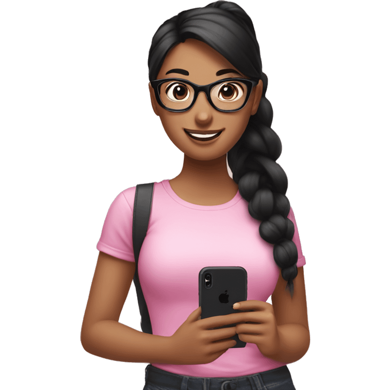 smiling girl with black hair and ponytail style, standing with a pink iphone in her hand, wearing big black glasses emoji