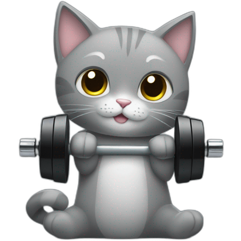 Super cute grey cat working out with black dumbbells bar emoji