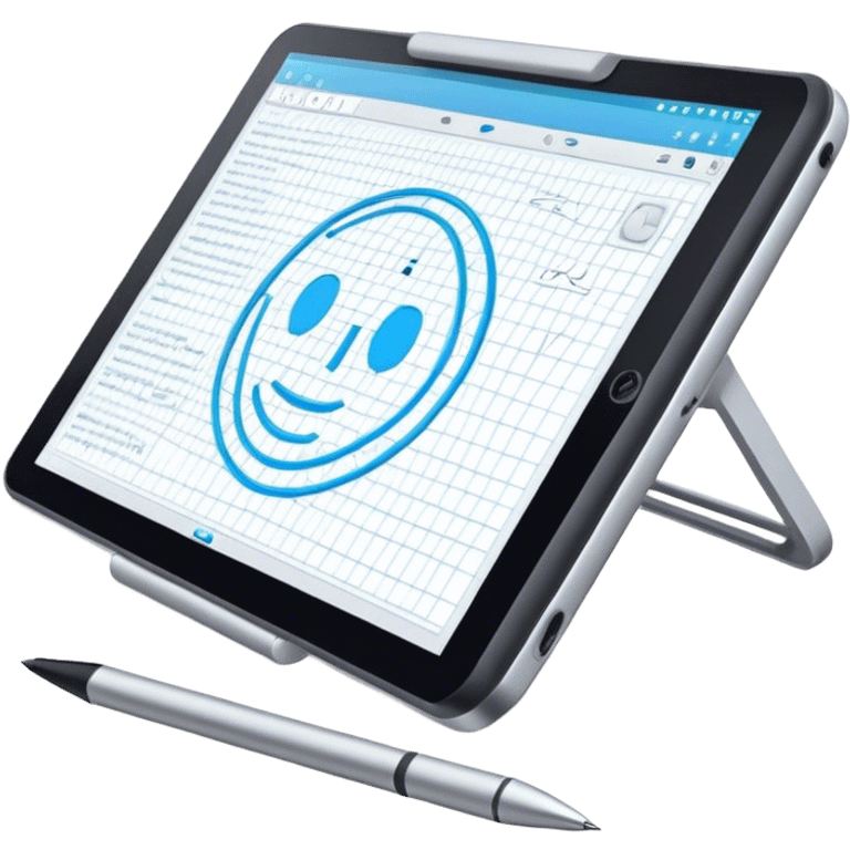 Create an emoji for 3D visualization and modeling. Show a large graphic tablet with a stylus drawing in a 3D modeling program, displaying a wireframe model on the screen. Use modern, professional colors. Do not include any emojis or smiley faces. Make the background transparent. emoji