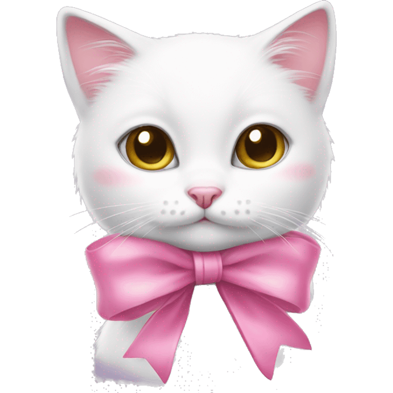 Cute white cat with a silk pink bow around her neck  emoji