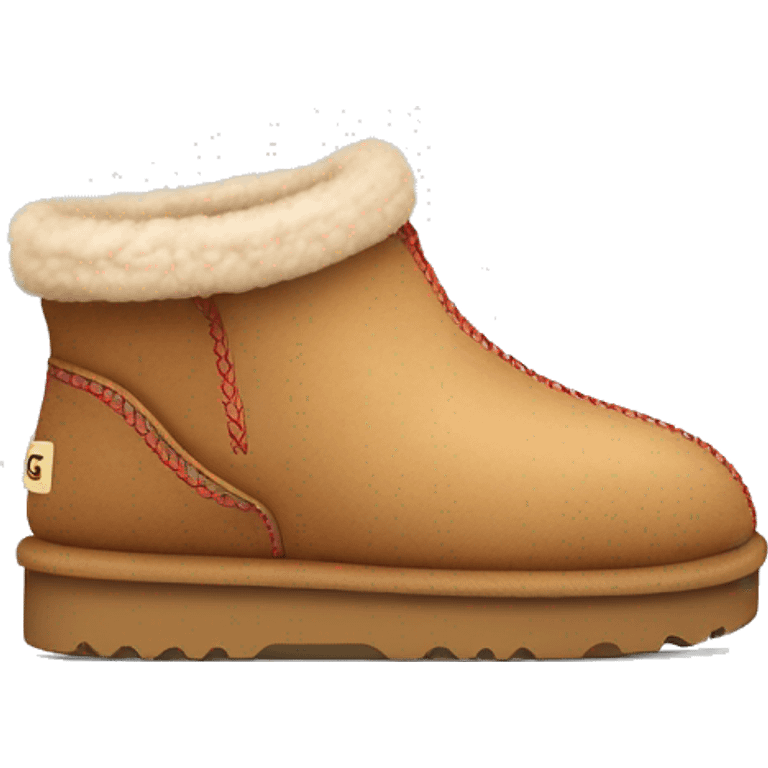 Ugg Camel slip-on slippers. A thin red zig-zag stitch only encircling ankles, VERY chunky platform sole. emoji