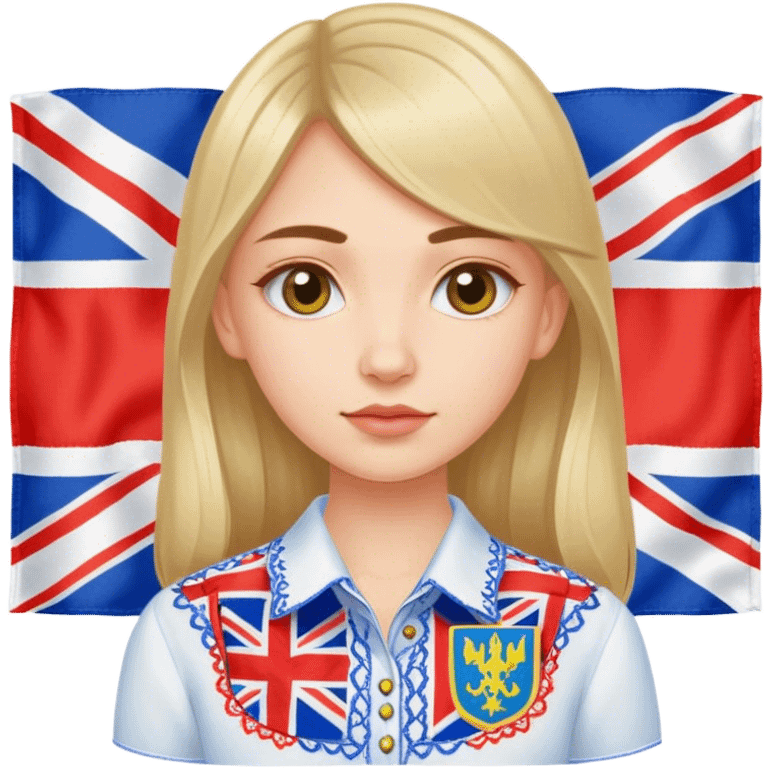 Ukrainian girl in an embroidered shirt against the background of the British flag emoji