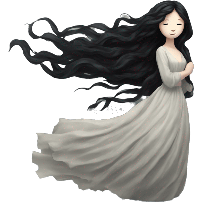 Dramatic girl  very pale with dark lighting  with black hair  in river with very very long lace dress  black long hair flying in the wind no face  emoji