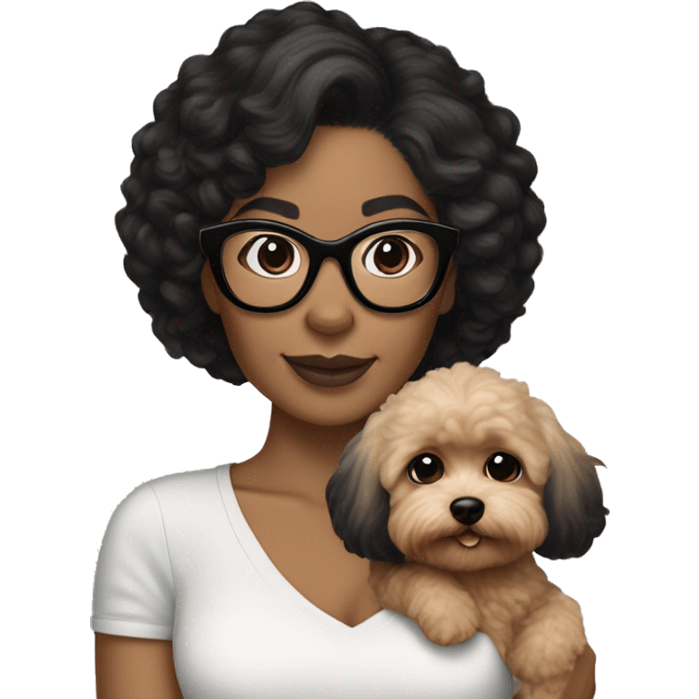 Tan skinned woman with black hair and black cat eye glasses  holding MaltiPoo dog emoji