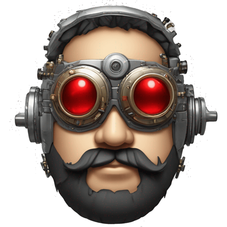 Fat cyborg head with red silver steampunk goggles, black beard and circuits emoji