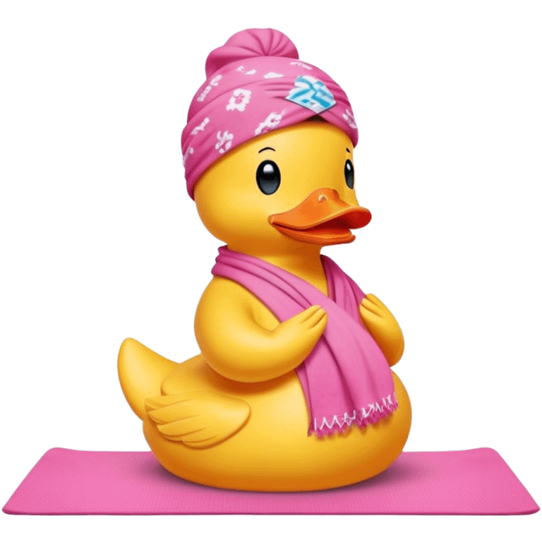 side view of yellow rubber duck with a pink bandana doing yoga while praying emoji