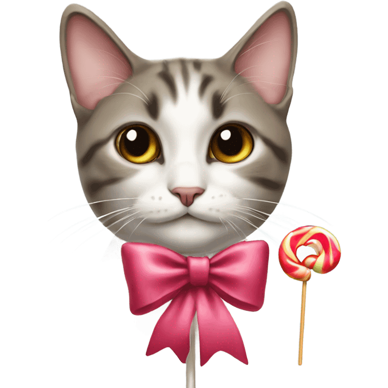 cat wearing a bow eating a lollipop emoji