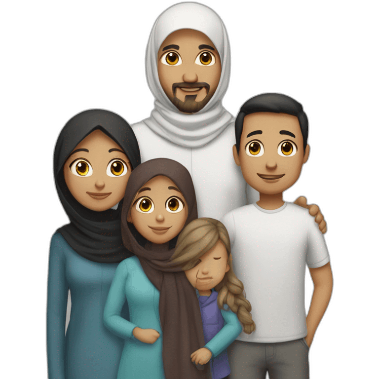 Family of four people: a mother who is the only person wearing a hijab, a father who has dark hair, a young little girl with dark hair, and a young little boy with dark hair, light brown skin emoji