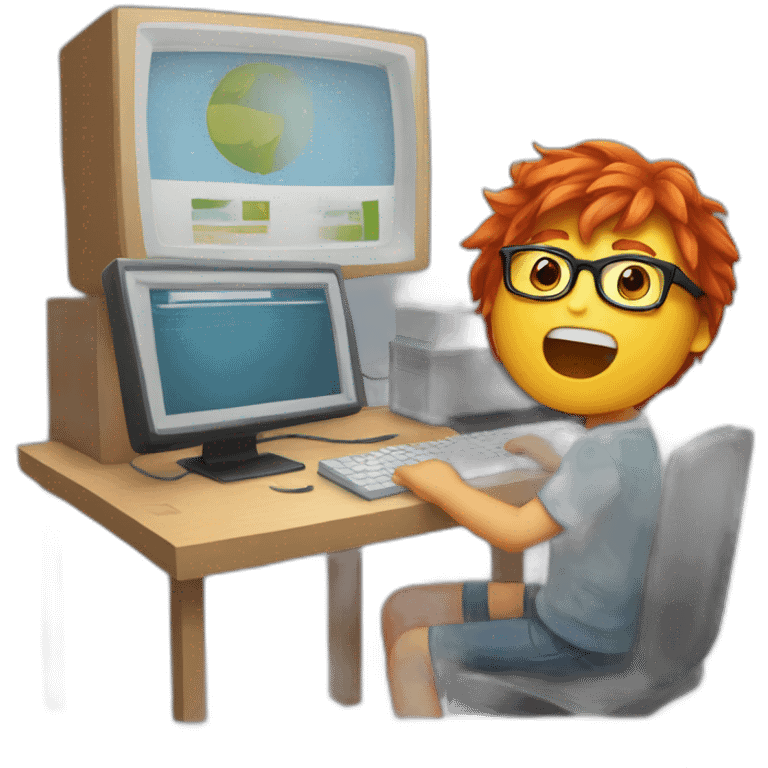 red-haired boy with glasses works at the computer and sings emoji