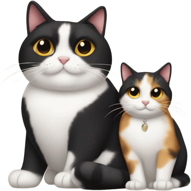 Fat Calico cat and small cute tuxedo cat cusdling emoji