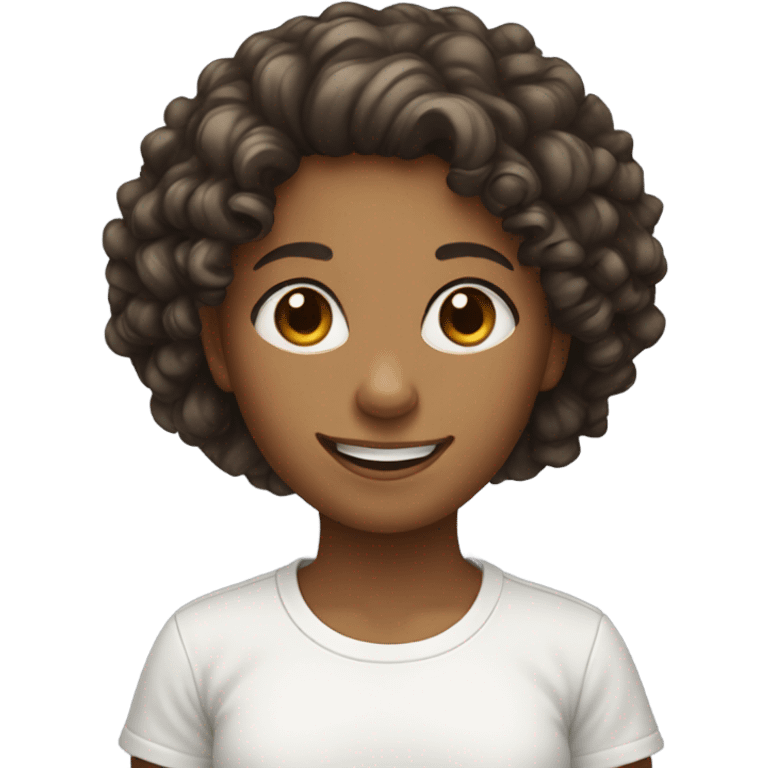 smiling girl with curly hair in white shirt emoji