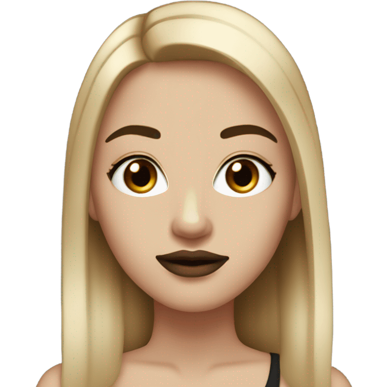 girl with white skin and light brown straight straight hair , black black black eyes with eyelashes, black eyebrows red lips,  emoji