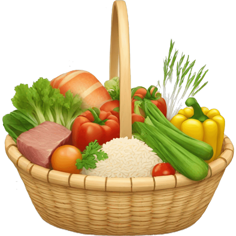 basket with vegetables, meat, rice, cereals emoji