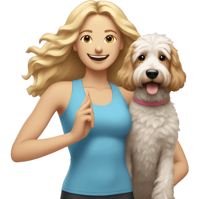 woman with long blonde hair expressing joy dressed in a yoga outfit alongside a tri-colored bernadoodle dog emoji