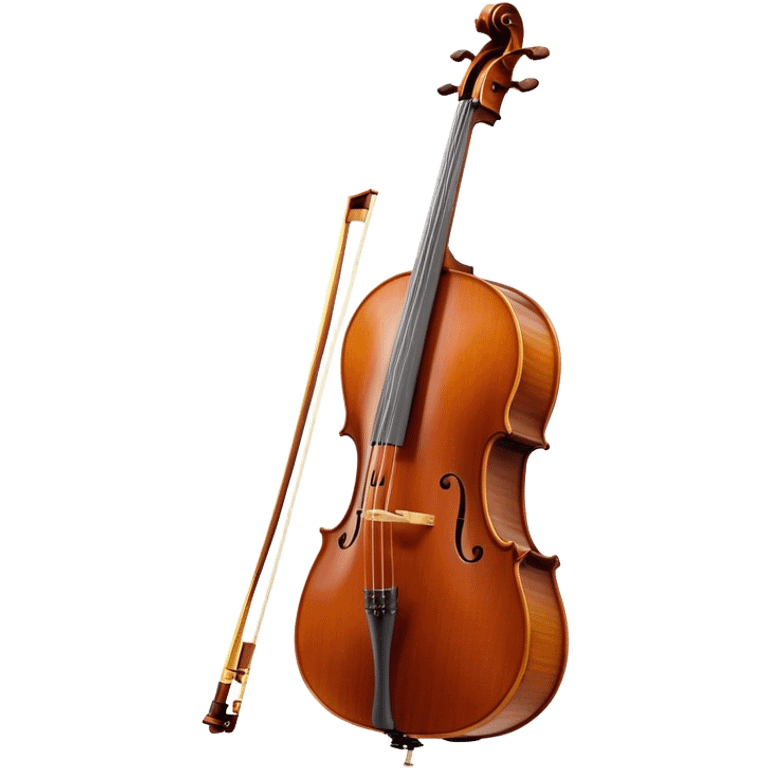 Create an elegant and refined emoji representing the Cremona cello with a Hans Klein HKCB bow. The design should feature the curved wooden body of the cello with a rich, glossy finish, capturing its classical shape and intricate details. The bow should be displayed with fine craftsmanship, highlighting the hair and the smooth, polished wooden stick. Include subtle musical notes floating around the instrument to emphasize its rich, melodic sound. Use deep wood tones like chestnut brown, gold accents for the fittings, and soft lighting effects to give the instrument a timeless, professional feel. The background should be transparent. emoji