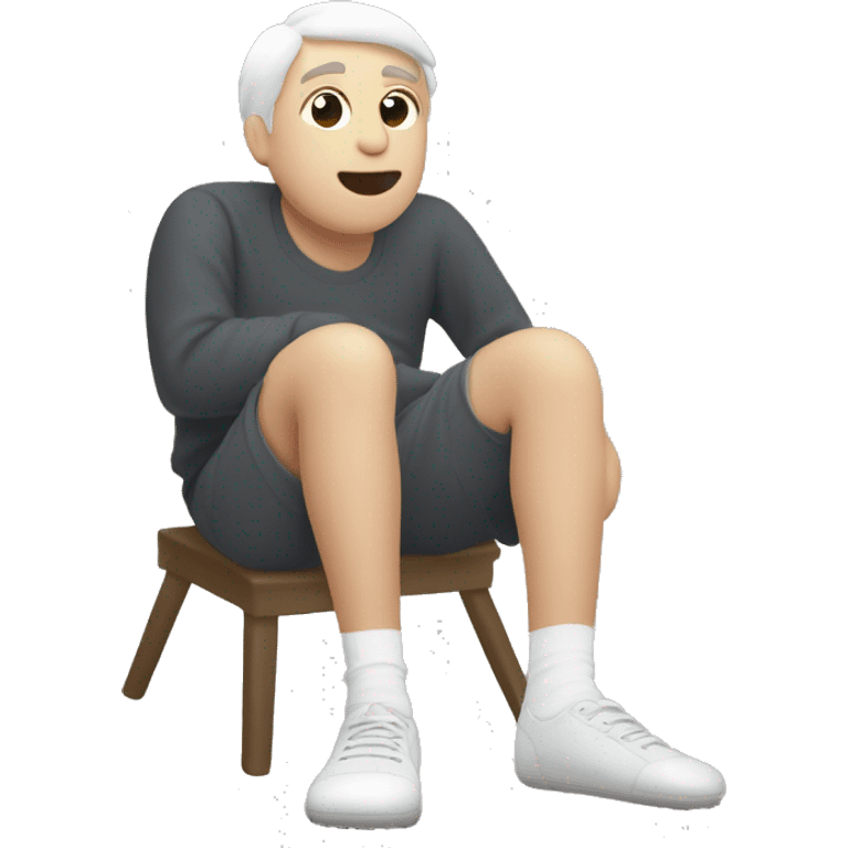 The image show a white legs with hair on them sitting. They are wearing a dirty socks . Their legs are extended, with one foot closer to the camera showing bottom of socks. The person is wearing white socks with no shoes , one of which is on the floor. emoji