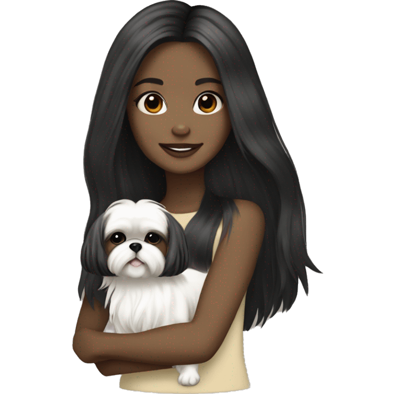 Black long hair pale skin girl with cream colored shih tzu  emoji