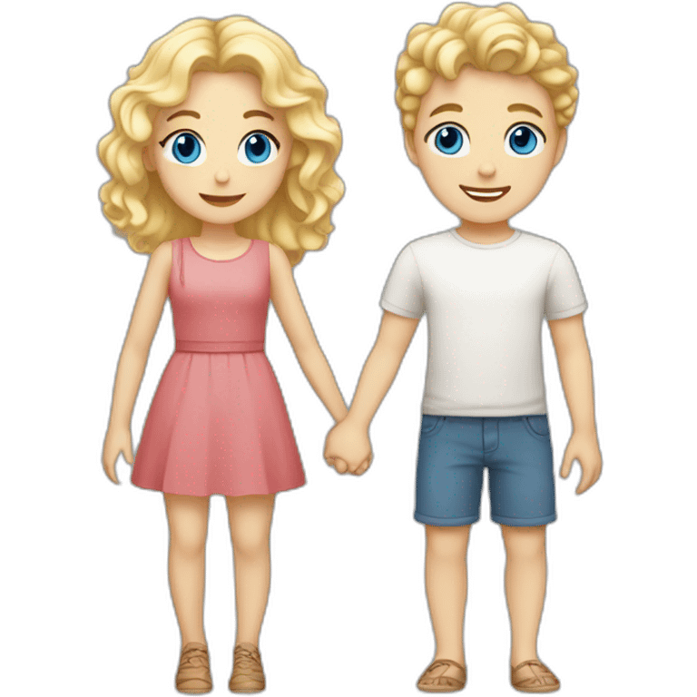 Girl with blonde wavy hair and blue eyes holding hands with blonde short haired boy with white skin and brown eyes emoji