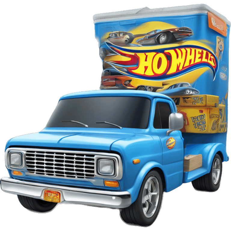 Side-on shot, Hot wheels, Hot rod, large panel van truck,1970 with exposed chrome exhaust pipes, blue, large wheels in back, large logo on the side is “Stinky’s Diaper Cleaner” in large letters  emoji