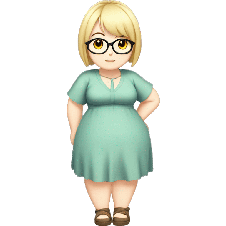 Chubby anime girl with glasses and short blond hair, full body wearing cute dress emoji