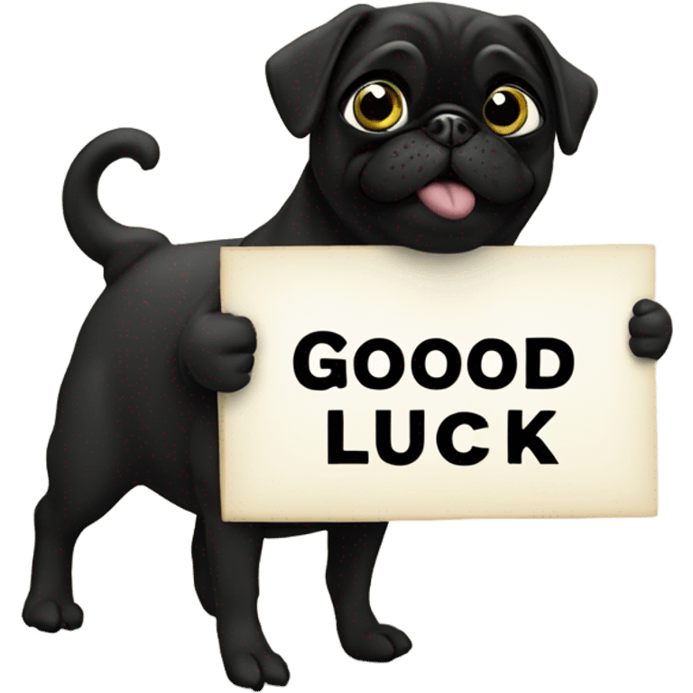 Black pug holding a sign that says good luck  emoji