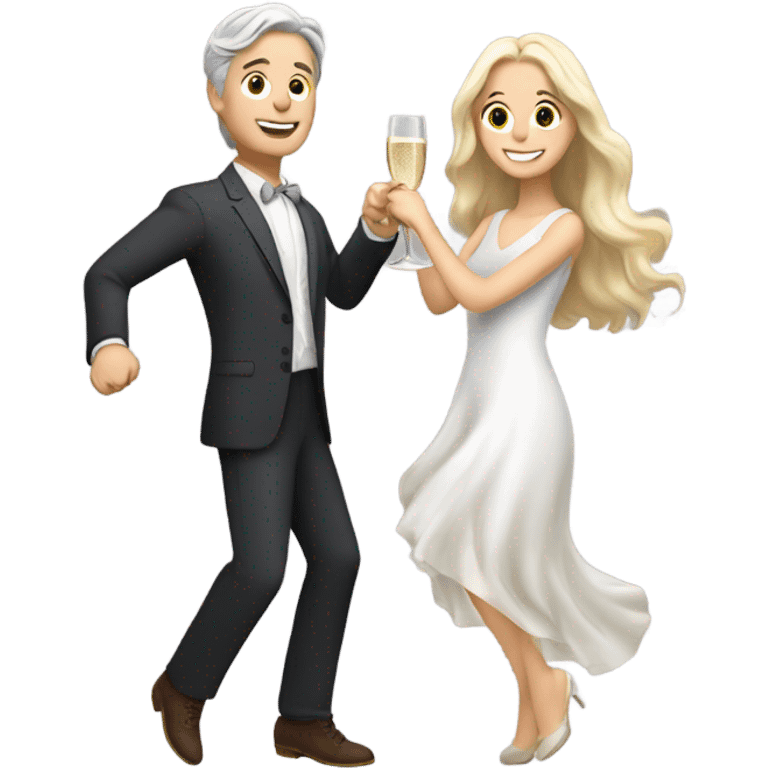 a white boy with gray hair and a girl with long blond wavy hair dancing with a glass of champagne emoji