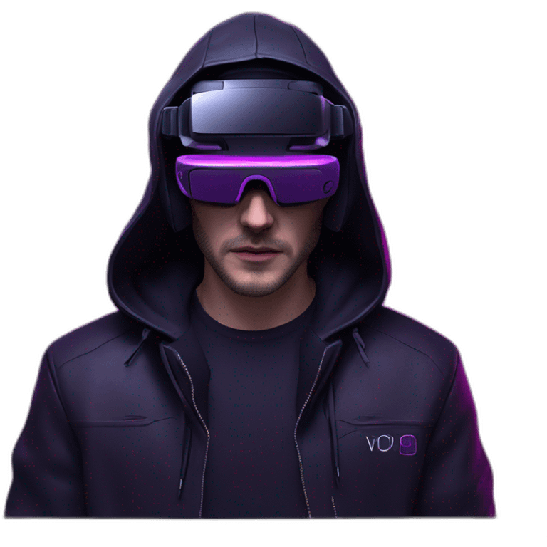 John Snow wearing a black hoodie with "OMG" letters on it and VR headset in a cyberpunk VR environment with violet neon lighting. emoji