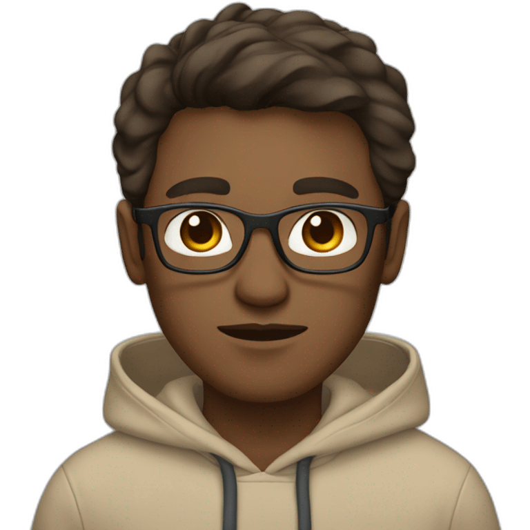 Man with blue eyes, brown hair and glasses wearing a beige hoodie up emoji