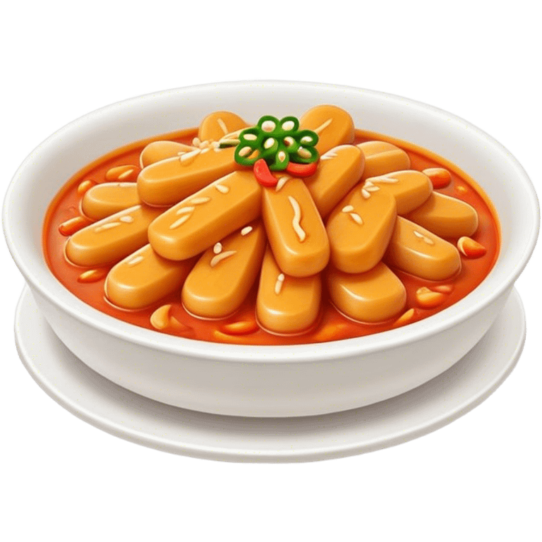 Cinematic Realistic Tteokbokki Dish Emoji, showcasing spicy, chewy rice cakes in a fiery sauce rendered with lifelike detail and bold, dynamic lighting. emoji