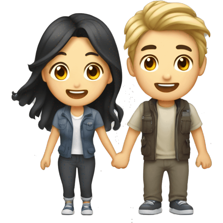 Cute Asian couple (girl with wavy long hair guy with short straight hair) excitedly traveling  emoji