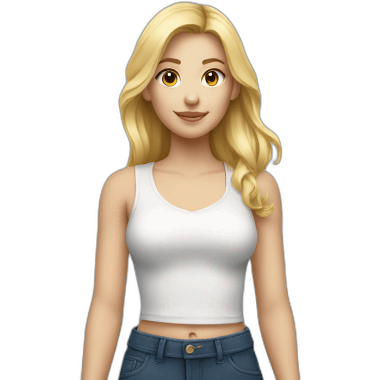 une fille avec un pantalon bleu en un haut noir, des cheveux blonds emoji