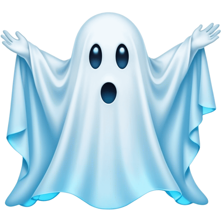 A hilariously exaggerated floating sheet ghost, its simple yet expressive form billowing with animated energy in vibrant whites and pale blues, with two wide, comically shocked eyes and a quirky, startled mouth, simplified yet overflowing with personality, highly detailed with a soft neon-like glowing outline, capturing the playful absurdity of a ghost caught off guard! emoji