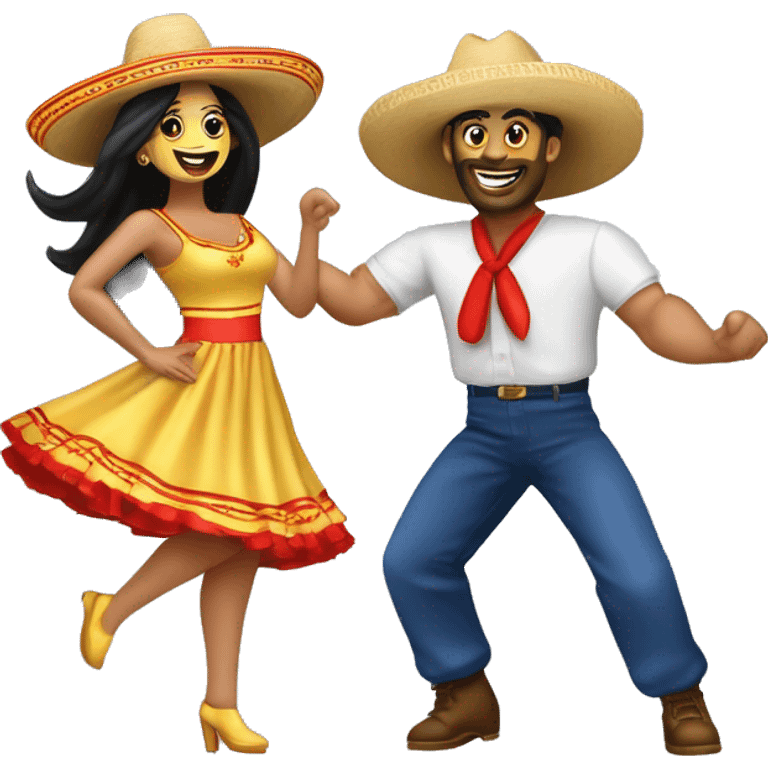 pareja de hombre y mujer bailando danza folcórica chilena llamada cueca. El hombre usa sombrero de huaso y la mujer usa vestido  emoji