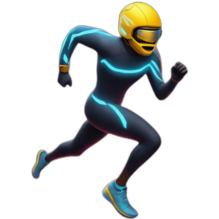 Design a runner with a trail of dynamic light, in high-tech gear, racing through a neon-lit city emoji